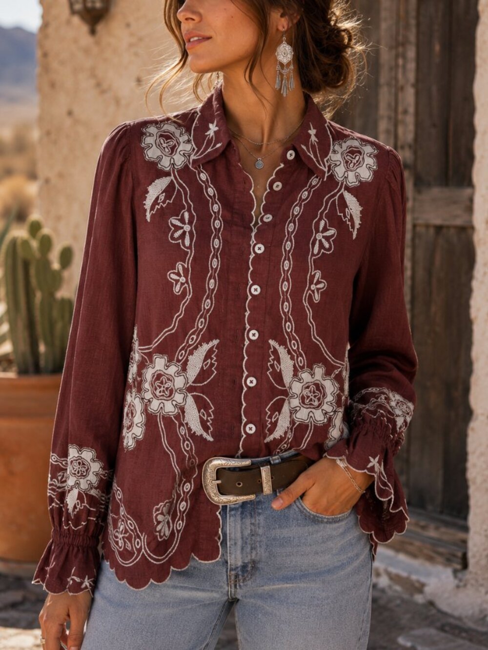 Anthropologie Embroidered Cowgirl Western Blouse Burgundy Scalloped Small